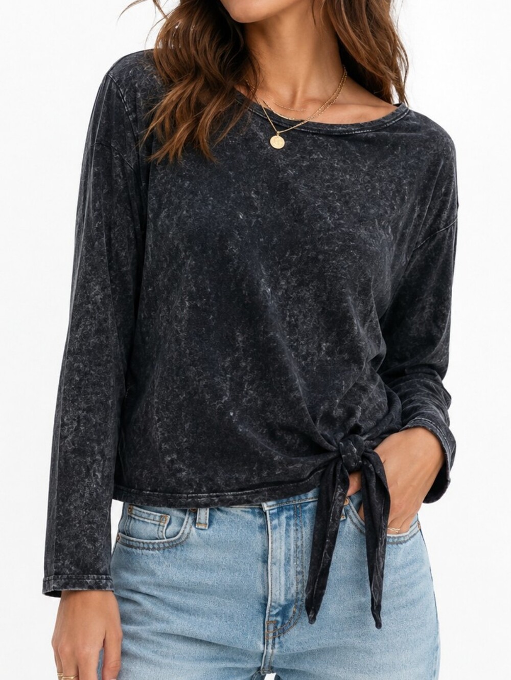 Gaze Acid Wash Side Tie Knot Top Grey XS